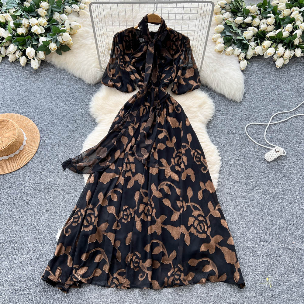 French chic bow-tie lantern sleeve dress - women's fashionable waist-cinching jacquard mesh flowy maxi dress