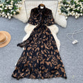 French chic bow-tie lantern sleeve dress - women's fashionable waist-cinching jacquard mesh flowy maxi dress