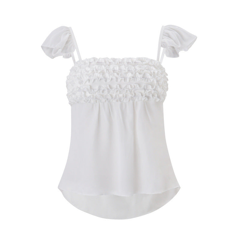 european and american women's clothing  summer new french chic flutter sleeve see-through top and high-waisted lantern pants set