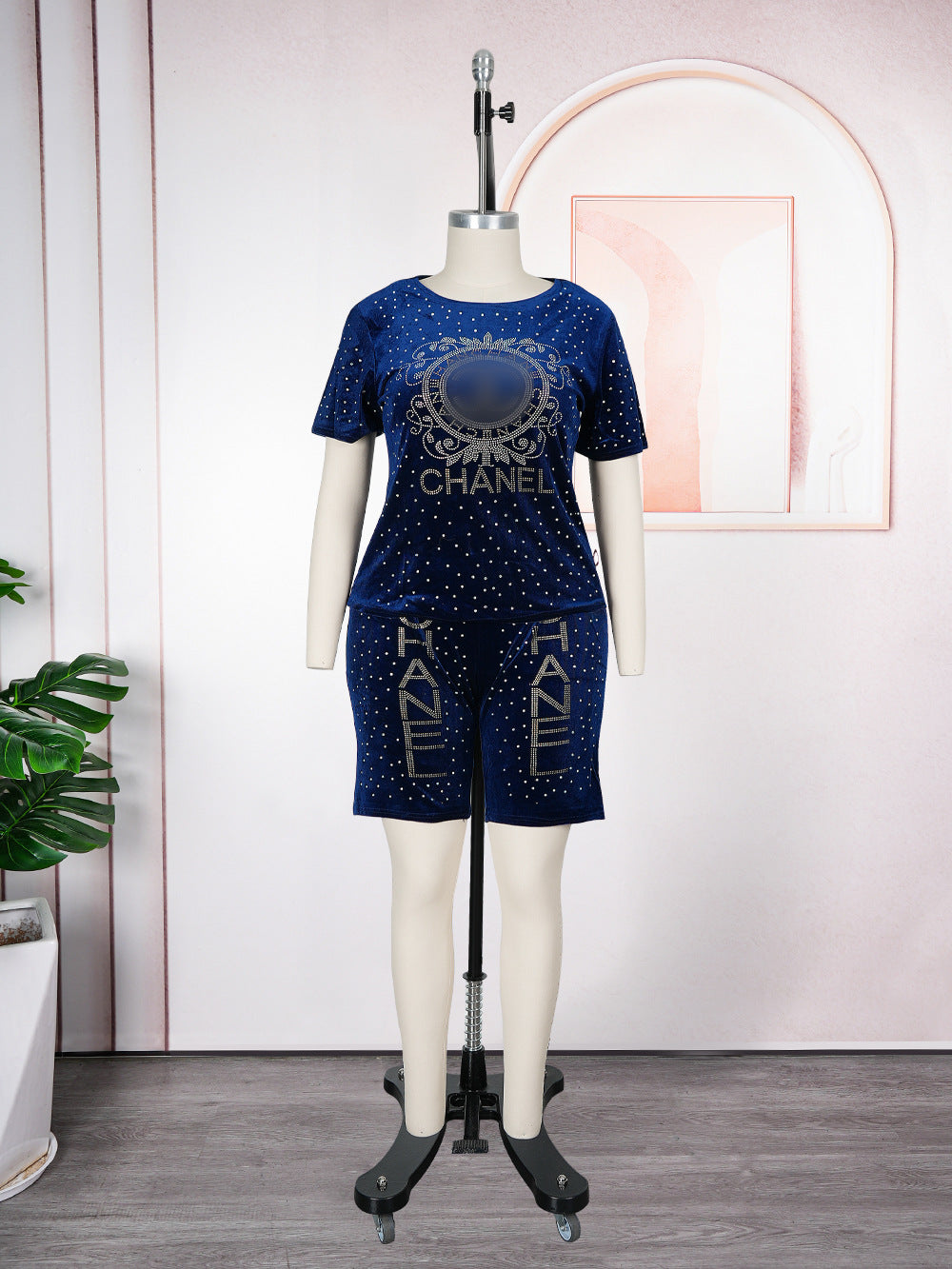 supply  african women's clothing plus size t-shirt + shorts hot diamond beaded letter sports suittwo-piece set
