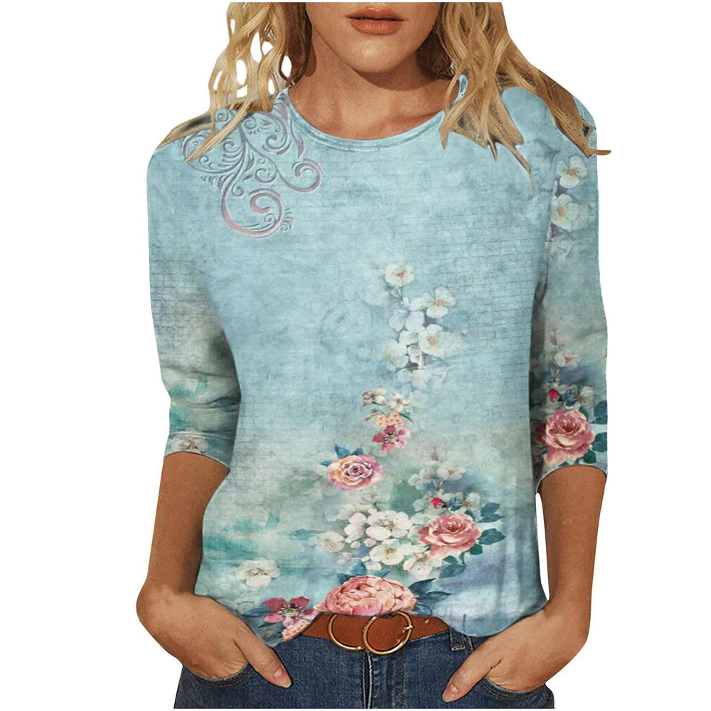 cross-border  women's casual printed crew neck 3/4 sleeve t-shirt top - in stock