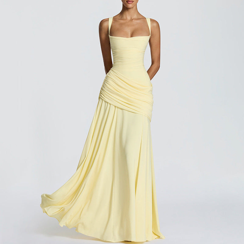 european and american export women's clothing: elegant and sexy solid color sleeveless cinched waist swing dress with spaghetti straps