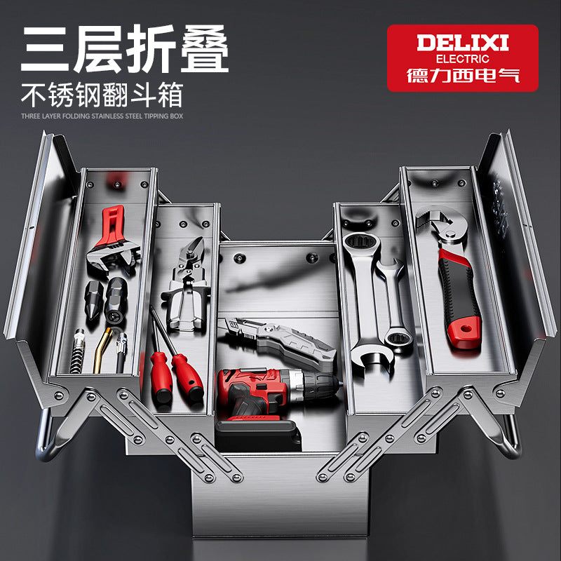 Delixi Electric Stainless Steel Toolbox Household Car Portable Large Thickened Triple Folding Tipping Bucket Storage Box