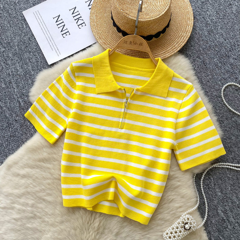 Women's short-sleeve knit top -  summer korean style, trendy color block striped tee, versatile top