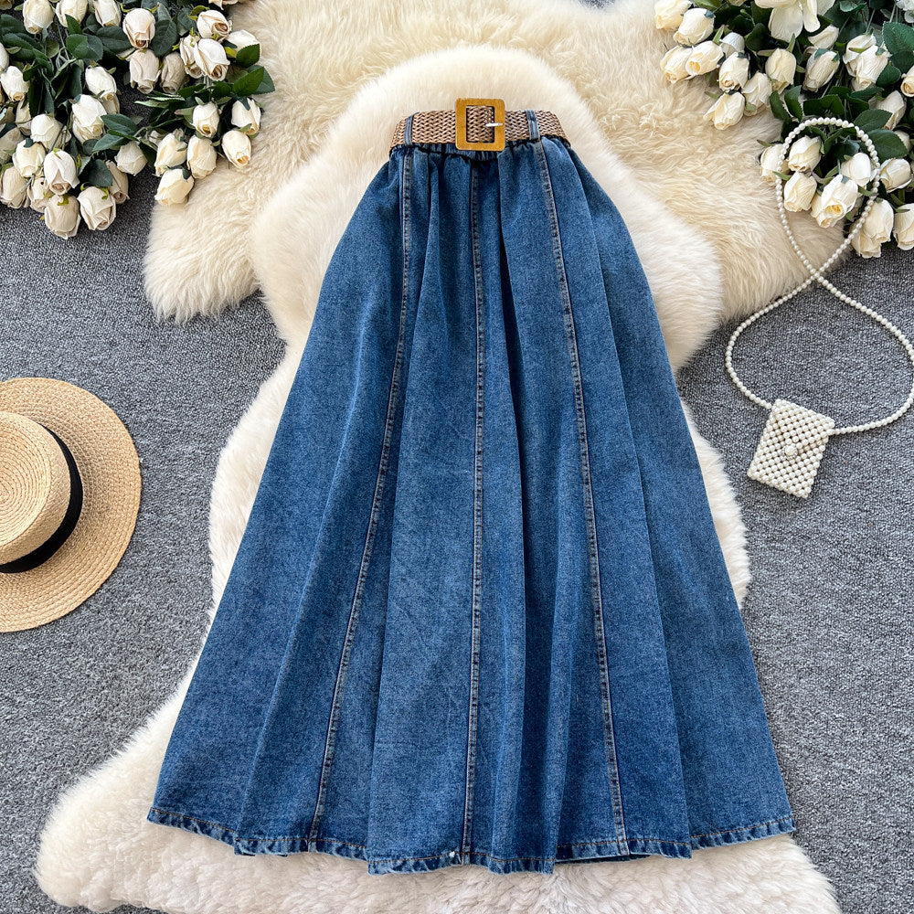 Retro style denim a-line woven belt skirt for women summerhigh waistslimming look medium longeasiest for match large skirt