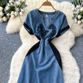 Vintage chic denim dress for women -  summer collection: high-end, heavily embellished with rhinestone embroidery, cinched waist, v-neck, short sleeve maxi dress