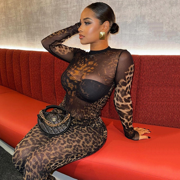 European and American  women's clothing, fashionable and sexy slightly transparent leopard print pants set, high-neck long-sleeved top, long pants tide two-piece set