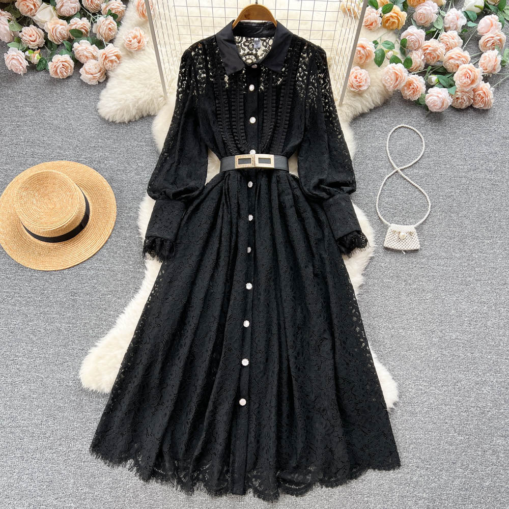 Spring autumnew arrival lapel heavy industry hook flower cut outfrenchlacedress female sexy large swing over the knee long skirt