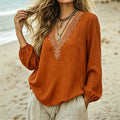 Ethnic style printinglong sleeves t-shirt deep v neck exquisite printing lantern sleeves relaxed vacation style orange loose shirt