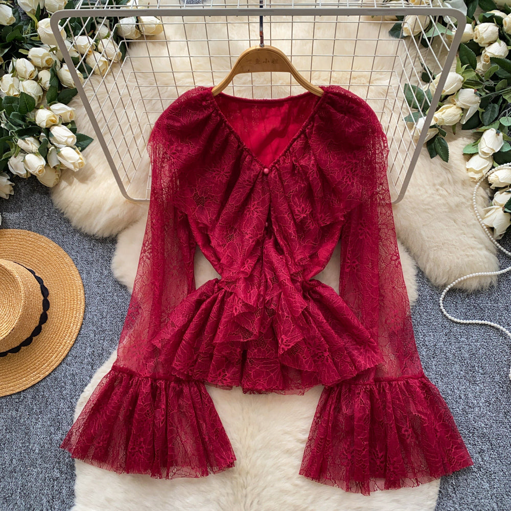 French romantic lace ruffle v-neck flared sleeve top - chic and slimming, autumn  collection