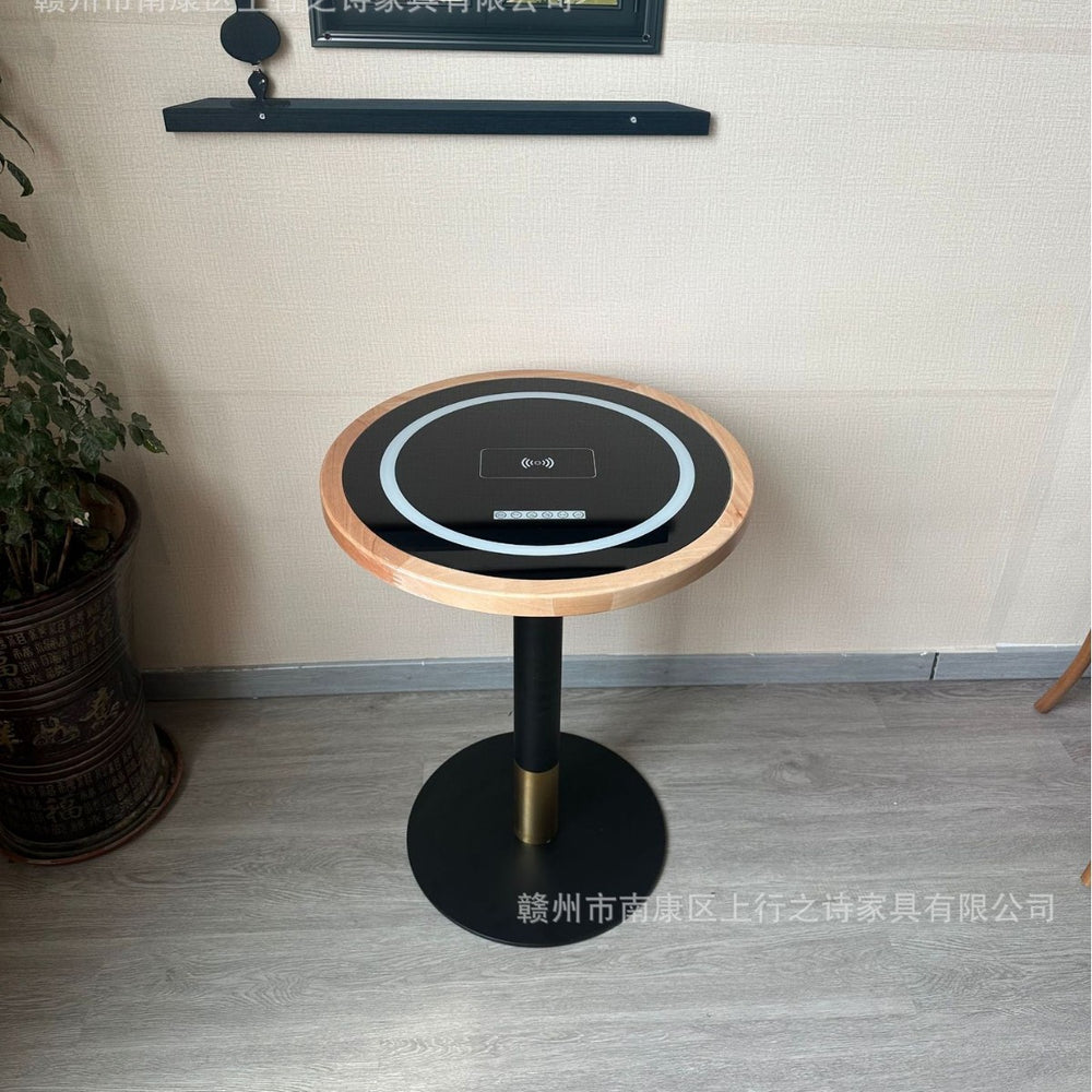 Hotel negotiation table retro dining table with wireless charging bluetooth audio all solid wood desktop small round table desk