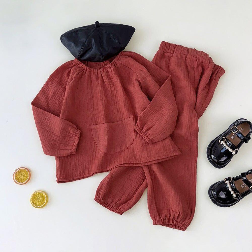 ins style girl cotton and linen home clothes new arrivalk-styleplaid infant long sleevessuit baby autumn clothes