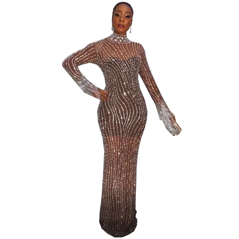 supply custom high-end rhinestone mesh elastic european and american african sexy slim dress in stock