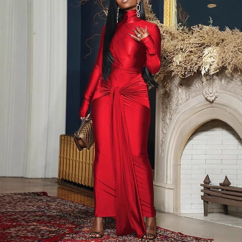 European and American new solid color sexy slim-fitting turtleneck long-sleeved lace-up streamer hip-wrapped dress women's clothing