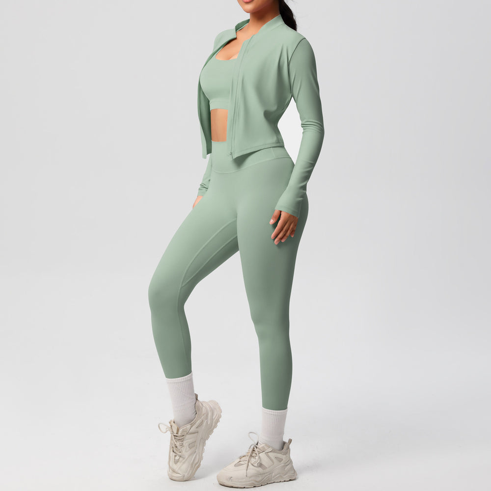 fashionpure color double-sided brushed tight sports yoga clothes three-piece set running fitness yoga clothes suit for women