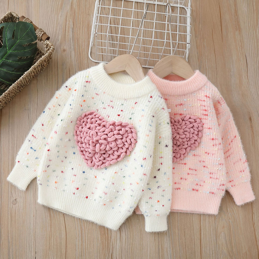 Girlsweater round neck knitting bottom shirt new arrival heartcolorfulsweetfleece-linedthickened children's sweater