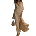 summer european and american cross-border independent station new arrivalelegancelong sleevesknitting pleated slit women's dress