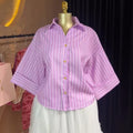 European and american women's clothing  autumn new sweet and fresh striped turn-down collar three-quarter sleeve single-breasted button-down shirt top