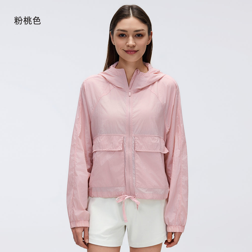 Outdoor lightweight sun protection hooded top, water-resistant cardigan, long sleeve breathable loose fit sports jacket for women d26006