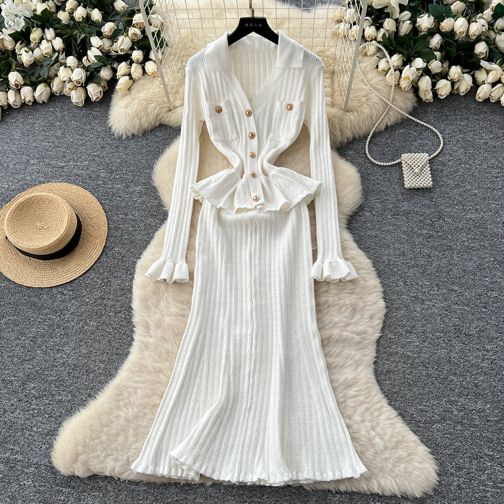 Xiaoxiangfengclassy sense of celebrity heavy industry metal buckle v neck waist rufflespatchwork waist knittingdress female