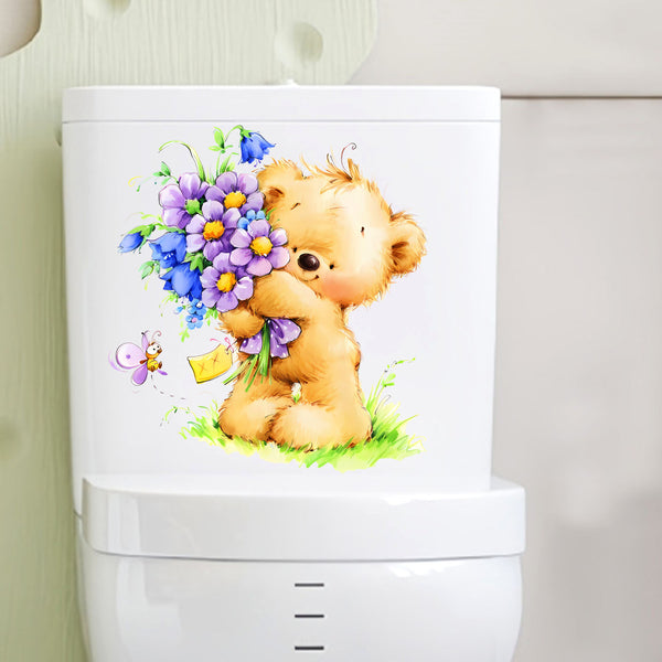 Cross-border  new doll bear flower creative wall sticker home bathroom toilet decoration beautiful self-adhesive sticker