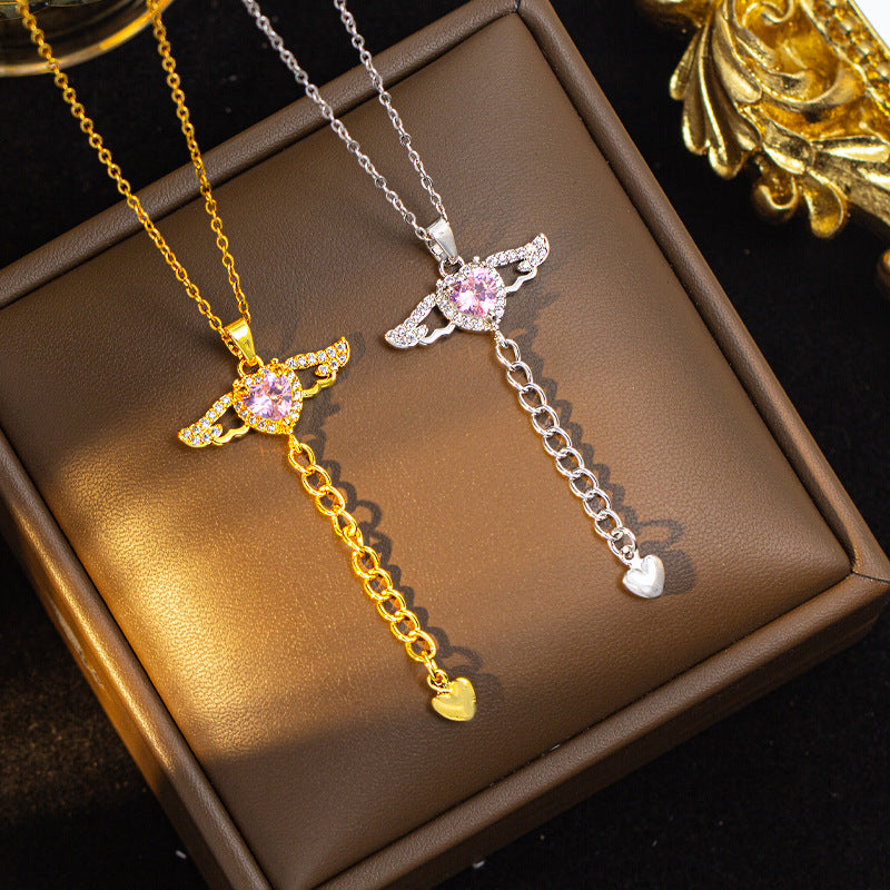Hot-selling cupid angel wing tassel heart titanium steel necklace - premium, lightweight luxury, unique design, zircon-embellished sweater chain jewelry