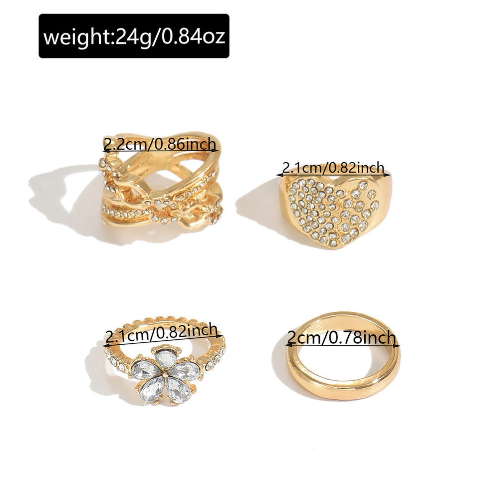 European and american cross-border jewelry: ins-style sweet hollow heart ring 4-piece set, geometric irregular diamond-studded flower rings