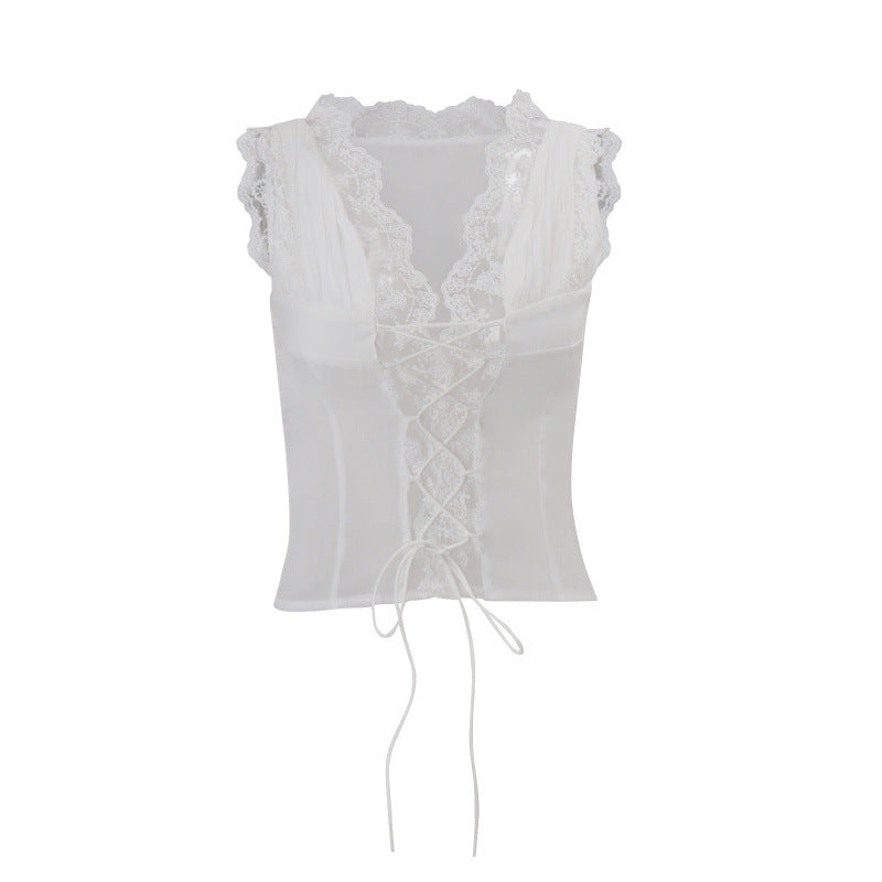 European and american women's clothing  spring new collection: sweet & sexy lace trim tie-up top with bodycon mini skirt set