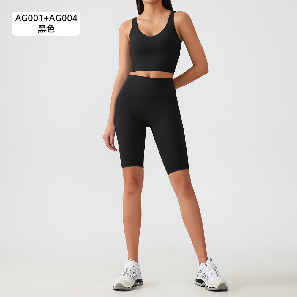 Two-piece yoga outfit set for women: high-waisted, butt-lifting yoga shorts with barely-there, supportive, shock-absorbing sports bra