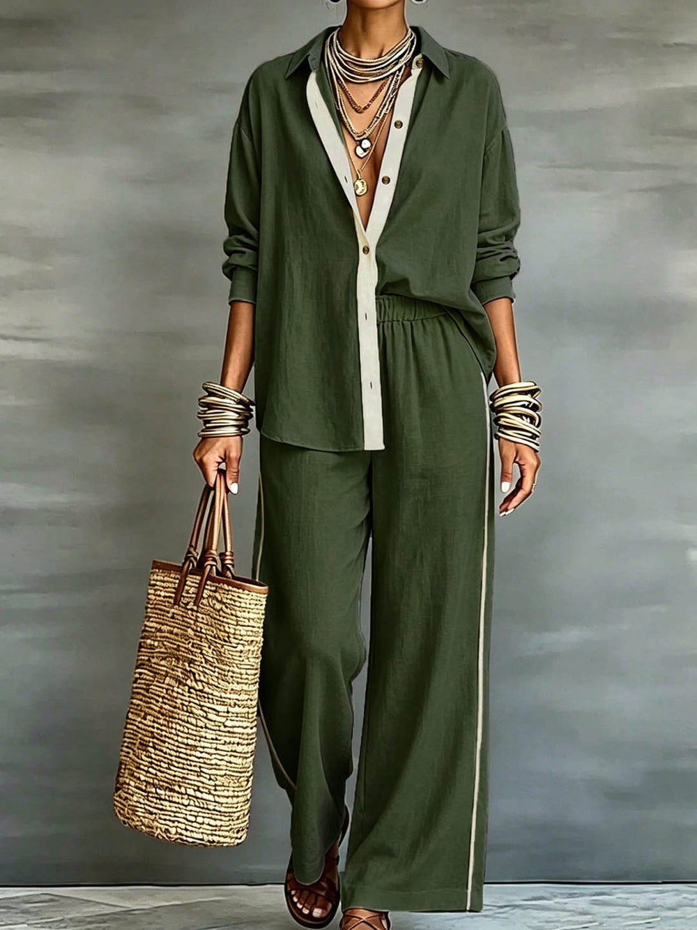 Exportplus size relaxation work clothing set retro gray linen shirt elastic waist side strips wide leg pants two-piece set