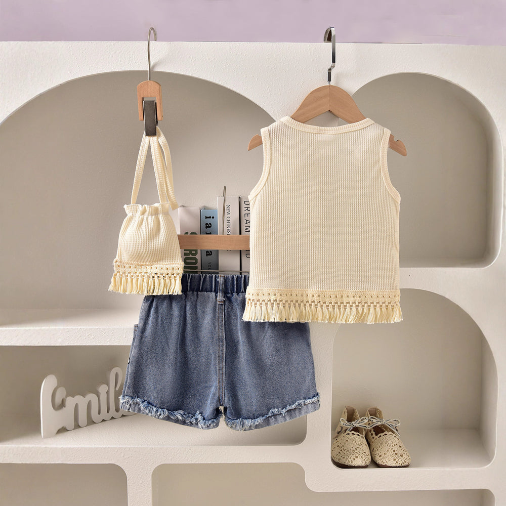 Girls' and boys' floral tassel top, denim shorts, and backpack set