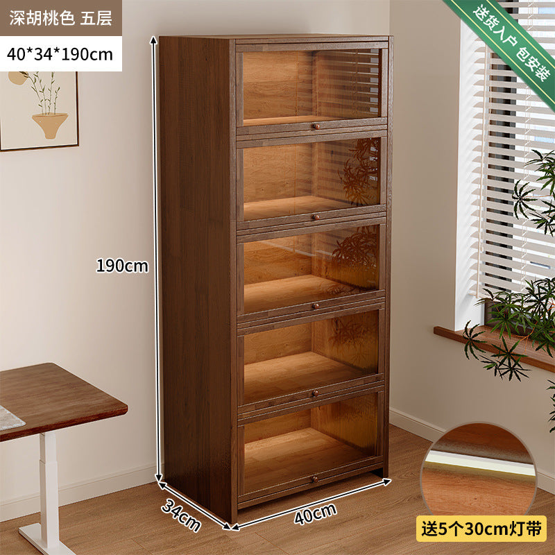 Solid wood dust-proof bookcase integrated against the wall Walnut color storage cabinet Locker Floor storage cabinet Household bookshelf