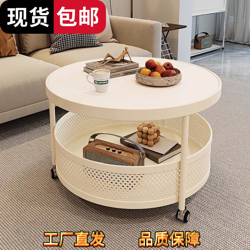 Cream style double-layer coffee table slate coffee table accessible luxury living room small apartment for home wheeled movable round table coffee table