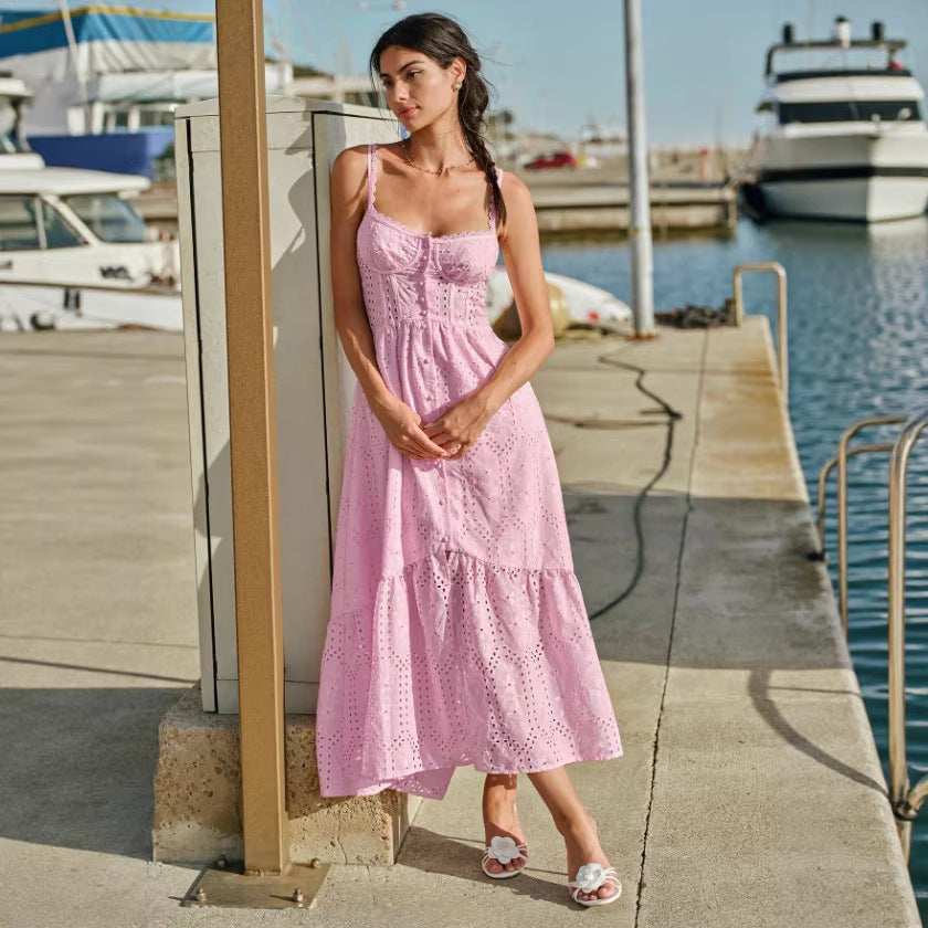 spring/summer new arrival: v-neck camisole dress with a-line silhouette, embroidered floral cutouts, and cinched waist – a slim-fit, cross-border style maxi dress