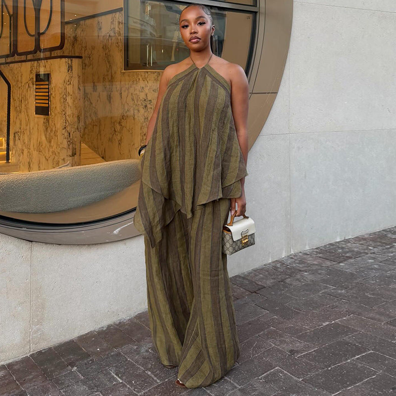 European and american cross-border women's fashion  summer new style chic halter neck sleeveless asymmetrical top wide leg pants set