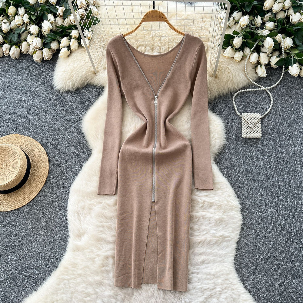 Korean style chic design v-neck zipper long sleeve slim-fit dress - women's autumn waist-cinching slit sweater dress