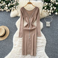 Korean style chic design v-neck zipper long sleeve slim-fit dress - women's autumn waist-cinching slit sweater dress