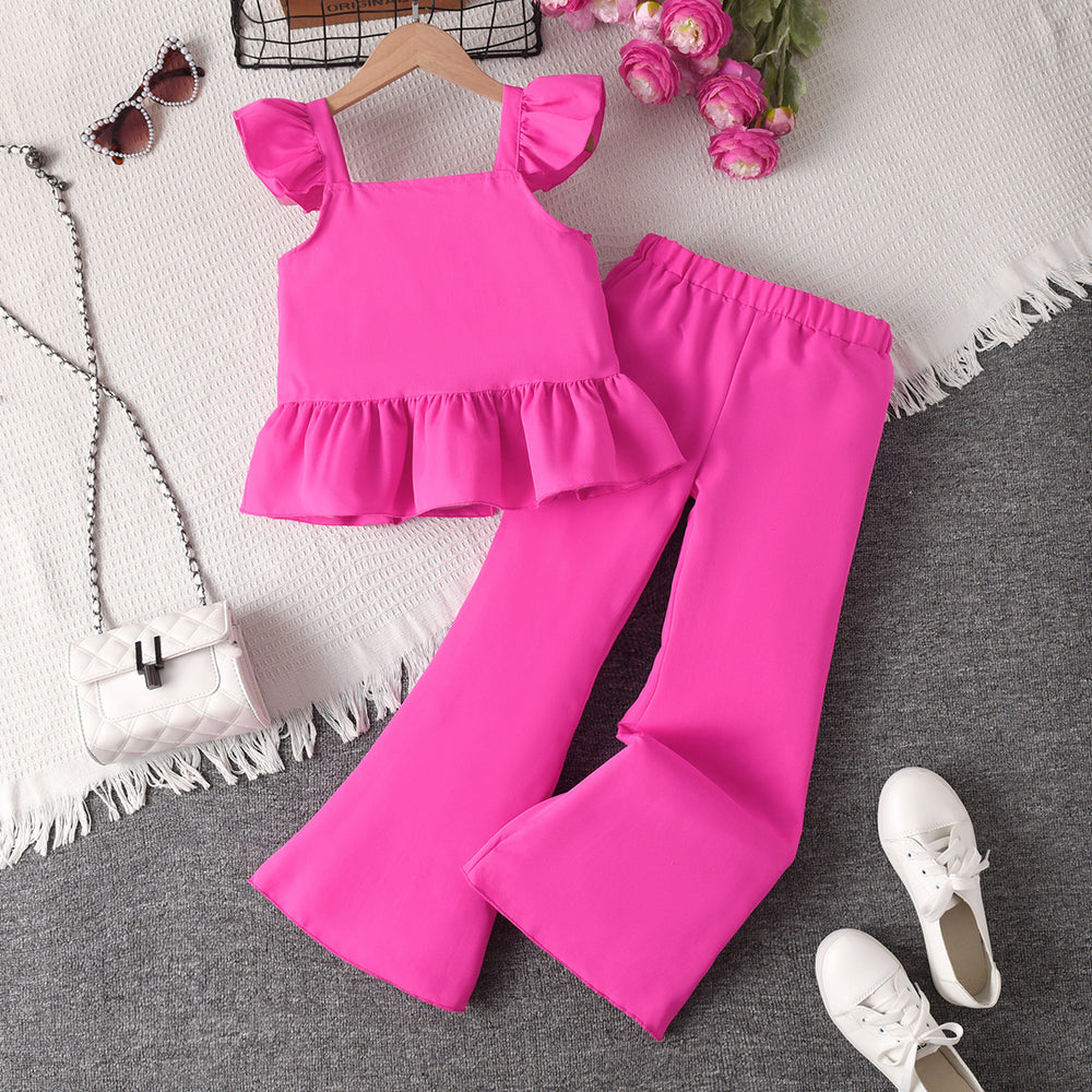 cross-border girls' pink vest & flutter sleeve top with lace-trimmed flare pants two-piece set