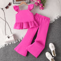 cross-border girls' pink vest & flutter sleeve top with lace-trimmed flare pants two-piece set
