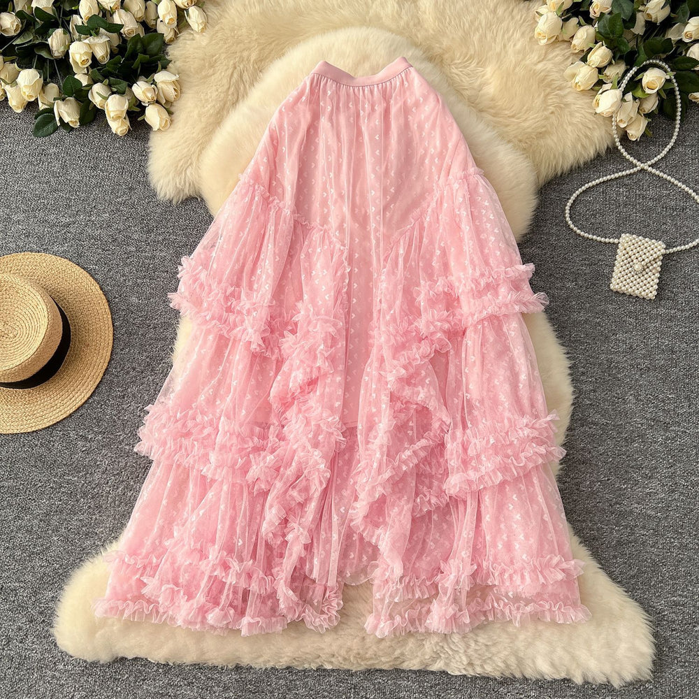 Ethereal midi skirt -  early spring new arrival: soft & elegant, slimming, heart-shaped mesh, asymmetrical flared skirt