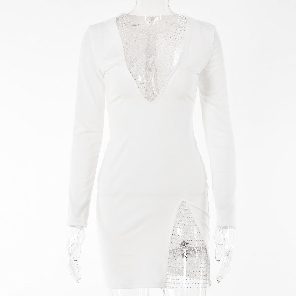 hot-selling autumn and winter new dress women's flash diamond splicing design sexy hottie long-sleeved V-neck skirt