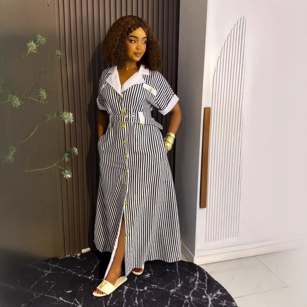European and american cross-border women's fashion:  summer new arrival - color block, single-breasted, tie-waist, short-sleeve shirt dress