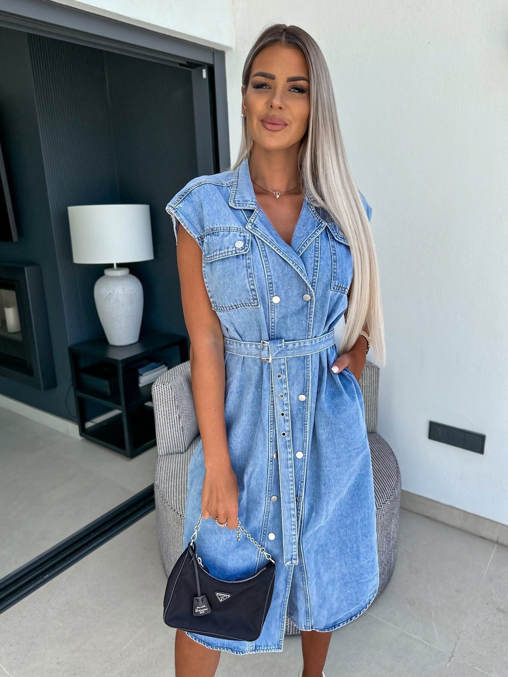 cross-border plus size women's fashion: sleeveless denim maxi dress with turn-down collar and tie-up detail