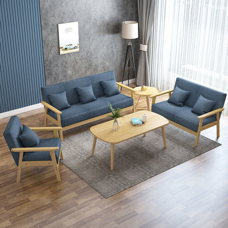 Solid wood sofa and coffee table set - modern minimalist fabric three-seater office chair for small apartment living rooms and rental properties