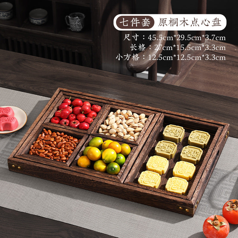 Wooden tray for tea brewing, dried fruit, afternoon tea snacks, and dim sum – original paulownia wood chinese-style multi-compartment tea tray