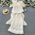 French chic ruffle-trimmed, beaded long-sleeve top and midi skirt set - autumn elegance for women
