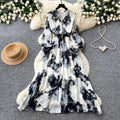 French-inspired, ombre print maxi dress - women's spring/autumn long sleeve v-neck, slim fit, elegant and chic