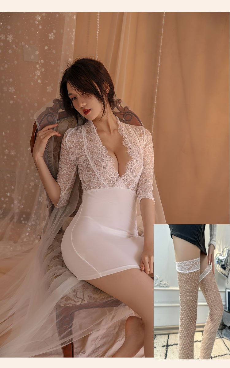 Sexy lingerie, tight-fitting hip skirt, sexy secretary uniform, seductive deep v, exposed breasts, lace see-through pure desire sexy clothing