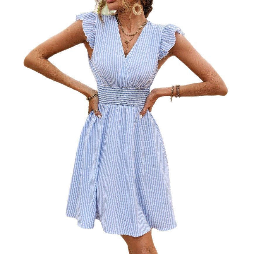summer  fashion cross-border women's summer new elegant striped tie-waist dress