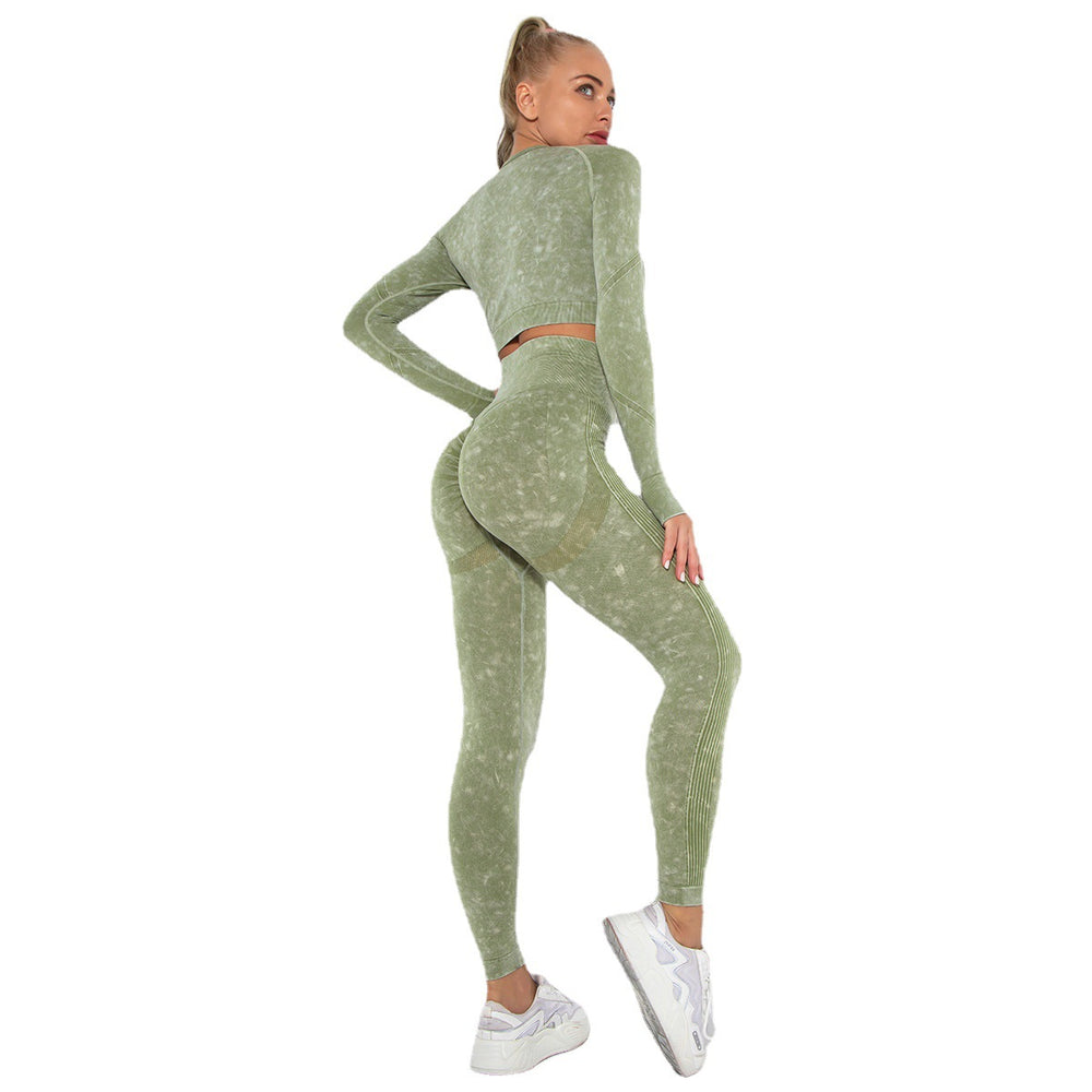European and american new seamless washed smiley face yoga set - activewear long sleeve top and butt-lifting yoga pants two-piece set